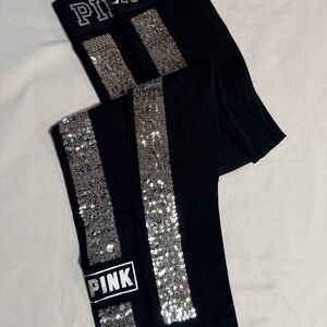 PINK Yoga Leggings- Black with Silver Sequin Stripes. Never worn